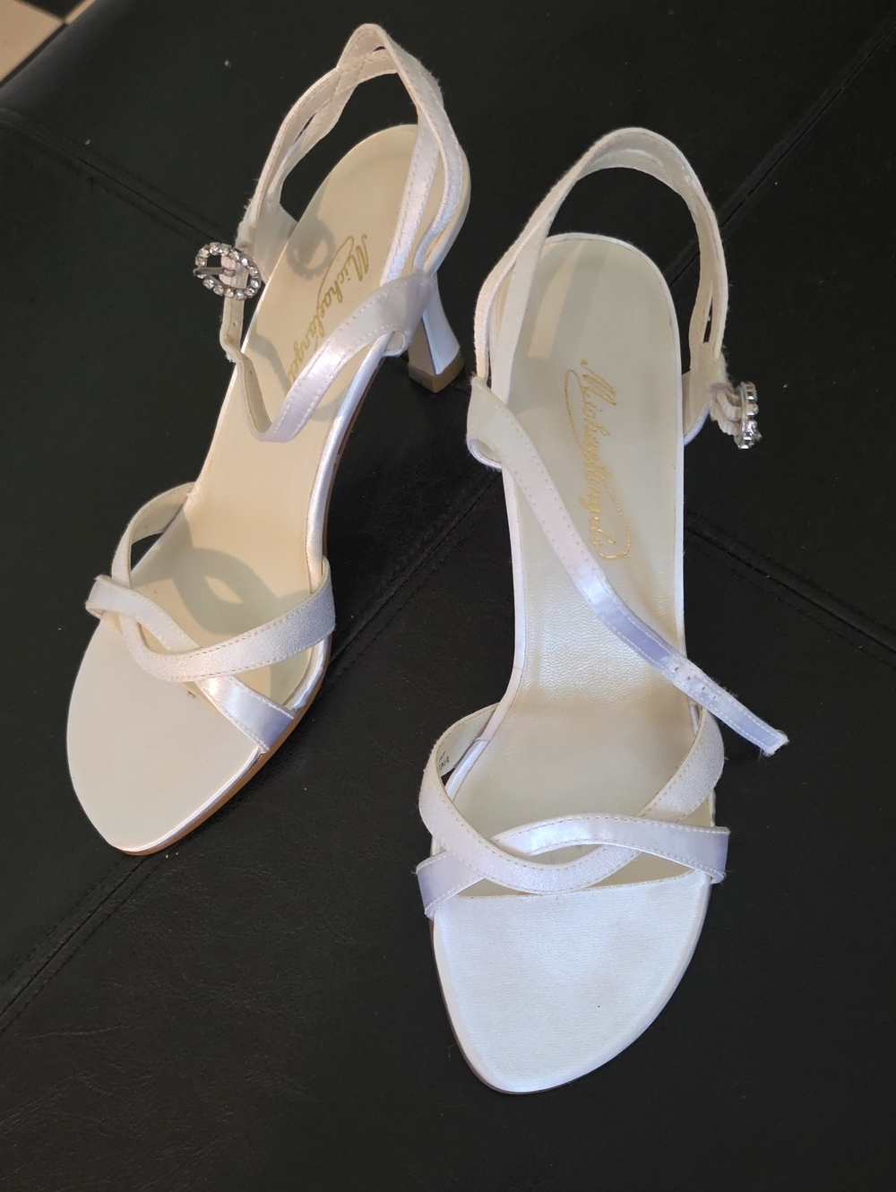 Michaelangelo Ivory Satin Strappy Slingback Heels with Rhinestone Buckle